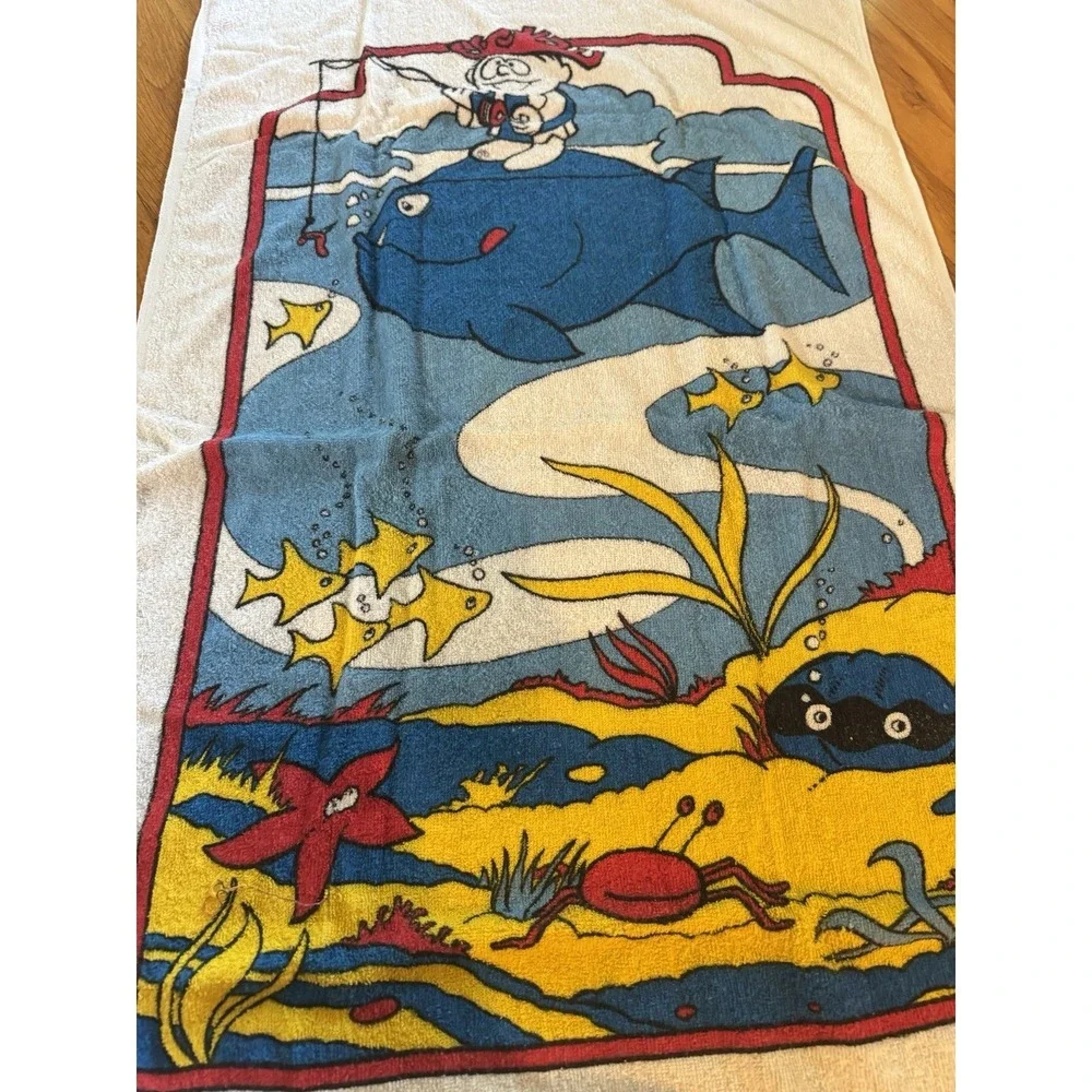 Vintage Punchy Hawaiian Punch Ocean Scene Pool Beach Towel Cotton 1980 THIN Fish